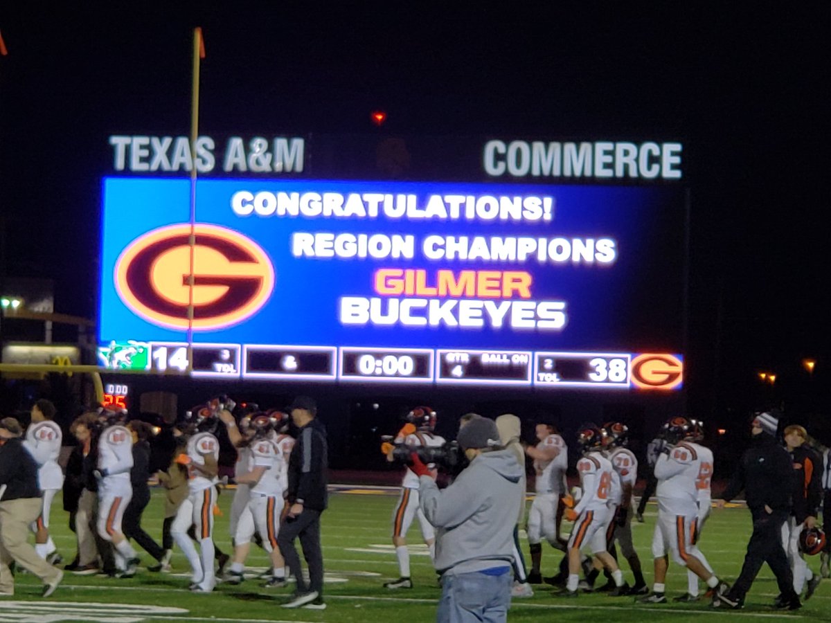 jbbowman7's tweet photo. Gilmer Buckeyes moving on to the Class 4a State Semifinals!!  Black flag defense was unbelievable!!  Won 38-14!!!! https://t.co/6WxPbkCWBu