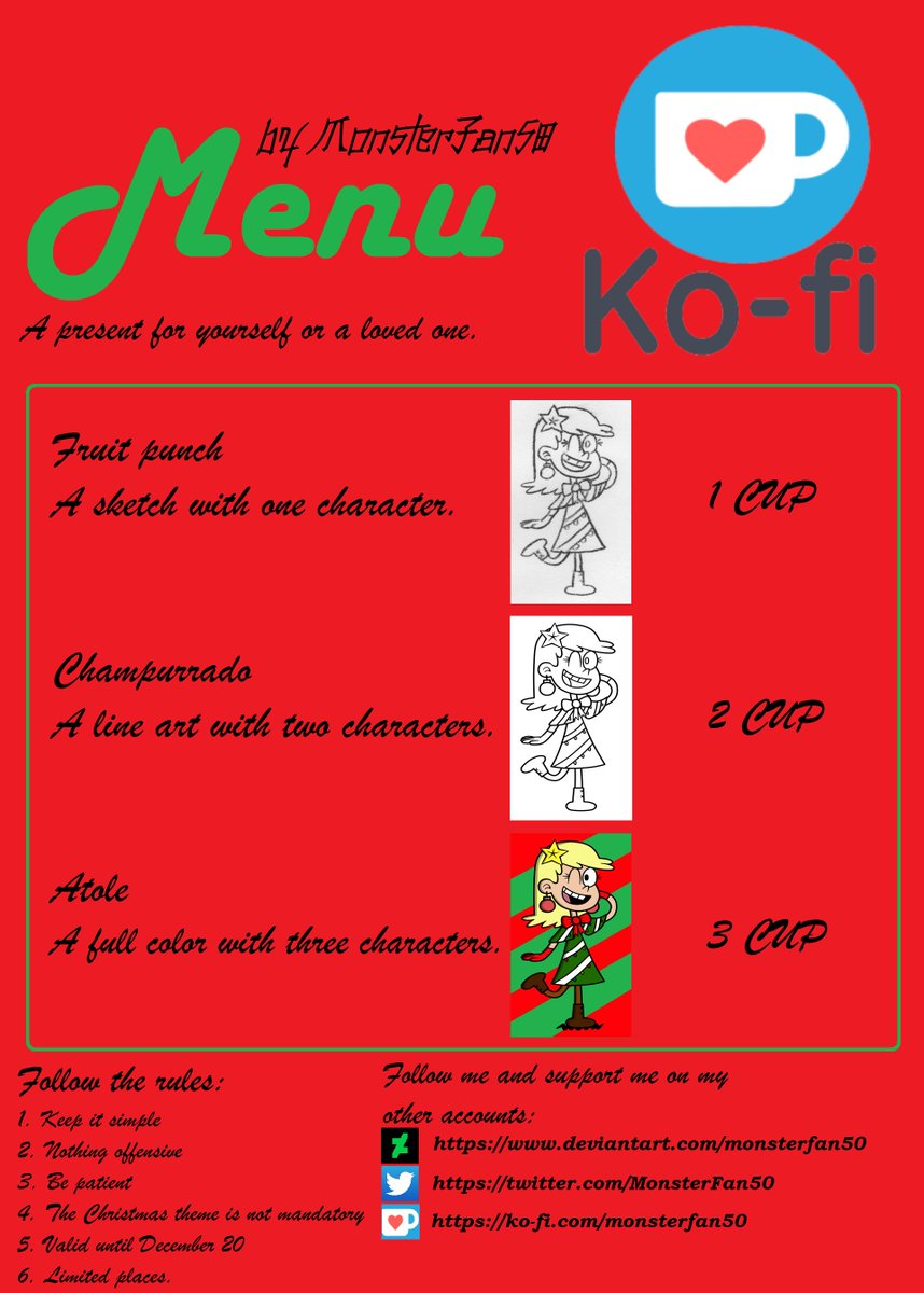 MonsterFan50's tweet photo. Ko-fi: https://t.co/v4TIRQuaTa

Specialty:
The Loud House
The Loud House Style
Monster AU

Don't forget to follow me in my other accounts:
Deviantart: https://t.co/rvKCB70XtB

#kofi #coffe #supportme #Commission #MerryChristmas https://t.co/YGK4OYEg9Q