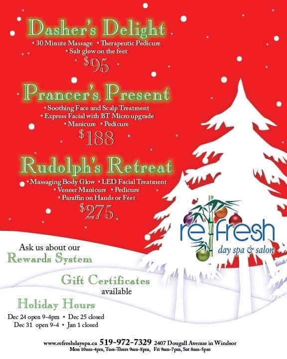 RefreshDaySpa's tweet photo. 🎁 Our Holiday Packages are available!!! 🎁 

Give us a call at 519-972-7329 or
email us at info@refreshdayspa.ca to reserve 5 or more Gift Cards!!

#SpaGiftCards #GiftCertificates #SpaPresent #DaySpa #HolidayPackages #SpaPackages #DecemberSpecials #RefreshDaySpa #RefreshFamily https://t.co/10qW0FMazd