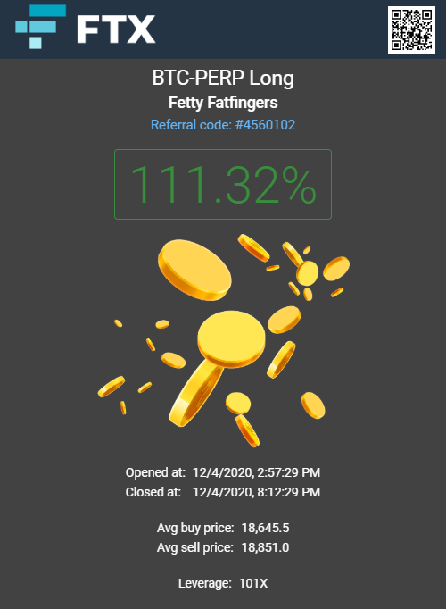 FettyFatfingers's tweet photo. Made a quick 111.32% PnL on FTX's BTC-PERP contracts! #Bitcoin #cryptocurrencies #cryptocurrency #cryptotrading https://t.co/aQhlEXPDgq