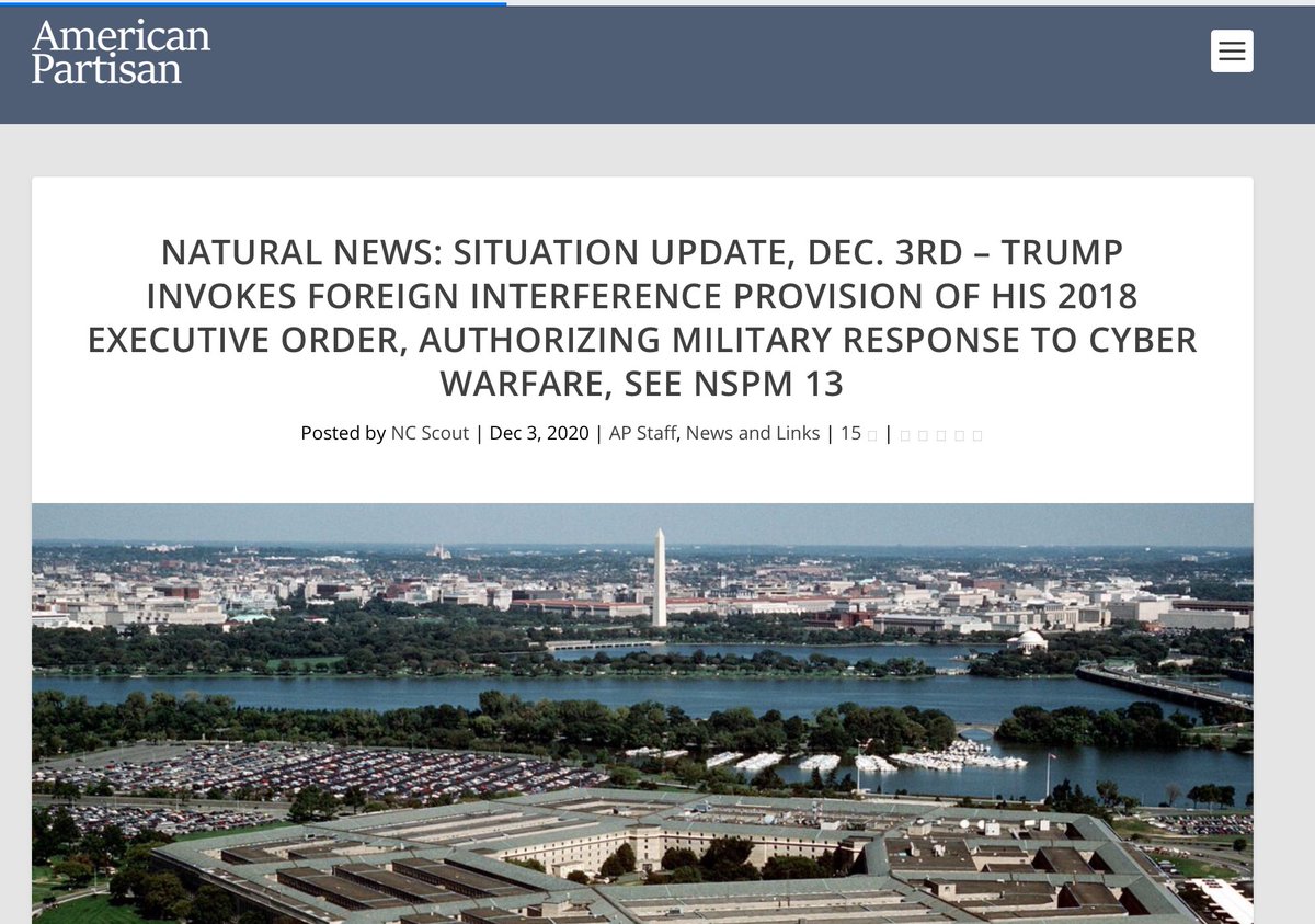 Details of how Trump just invoked the legal framework — and national security provisions (2018 EO) — necessary to allow the Secretary of Defense (Chris Miller) to activate military processes.. @POTUS  @GenFlynn  @SidneyPowell1  @LLinWood  @RudyGiuliani  https://www.americanpartisan.org/2020/12/natural-news-situation-update-dec-3rd-trump-invokes-foreign-interference-provision-of-his-2018-executive-order-authorizing-military-response-to-cyber-warfare-see-nspm-13/  https://twitter.com/reportbread/status/1334949380776996864