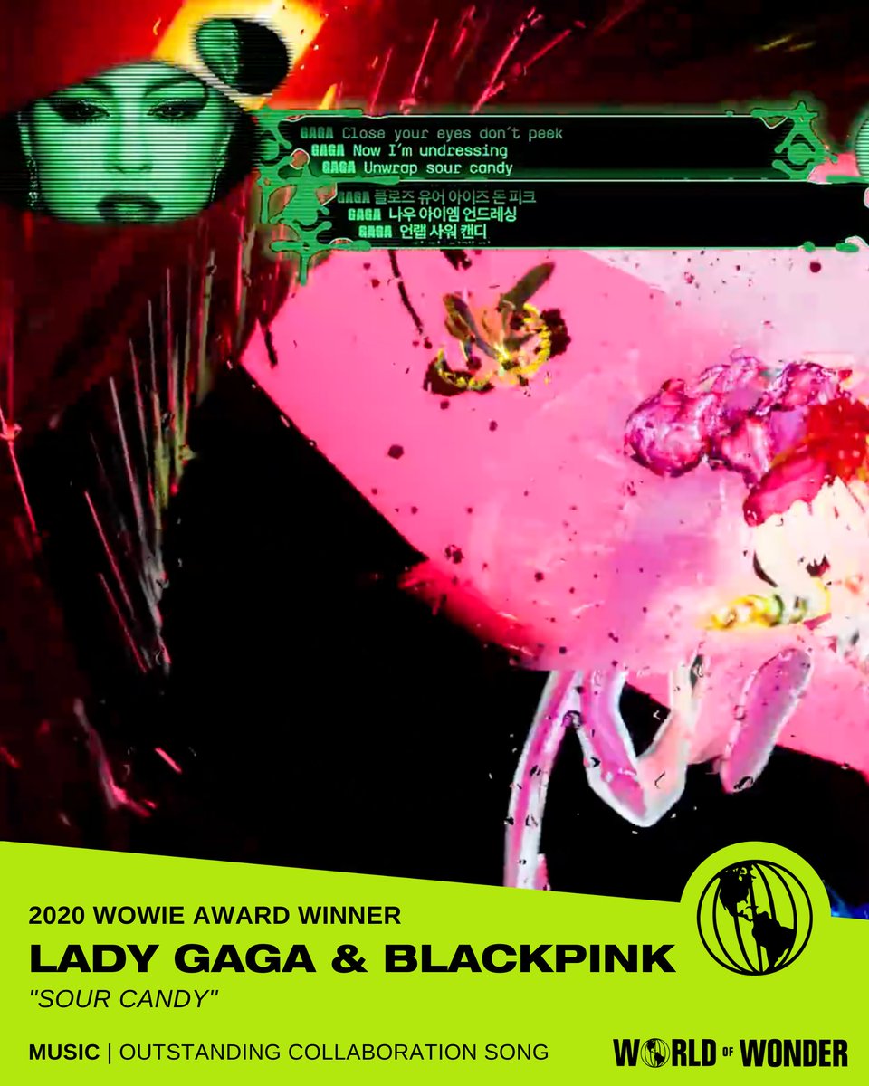 WorldOfWonder's tweet photo. 🏆 2020 WOWIE Award Winner 🏆

For Outstanding Collaboration Song: @ladygaga and @ygofficialblink - "Sour Candy"

Stream the #WOWIES now on the #WOWPresents YouTube: https://t.co/hBl4RhG2uS

Check out the full list of winners here: https://t.co/SHMovyDBJt https://t.co/r9YA3CYyjl