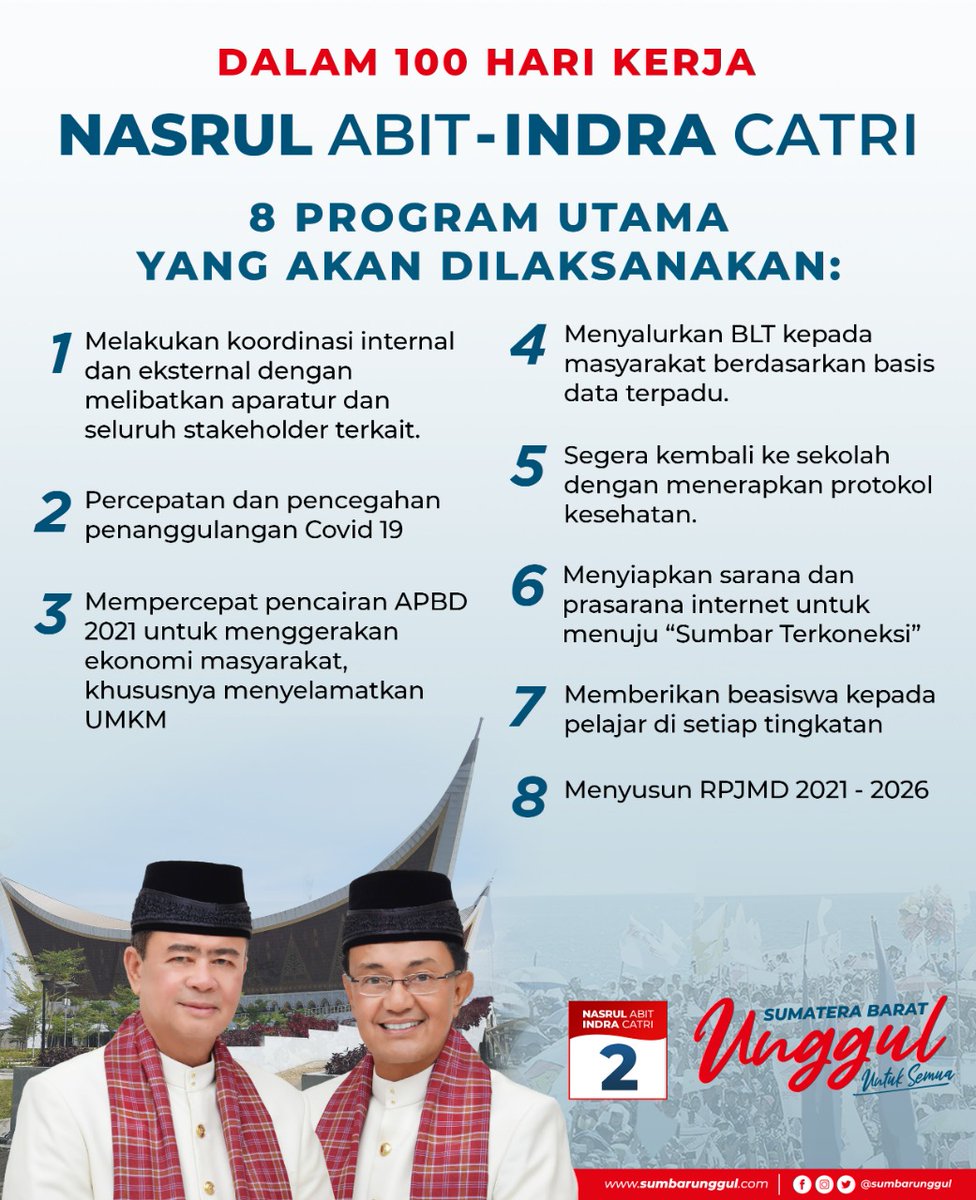 Gerindra's tweet photo. Delapan program utama yang akan dilaksanakan @nasrul_abitt - @Indra__Catri dalam 100 hari kerja:

#SumbarUnggul https://t.co/t1QPozIcAk