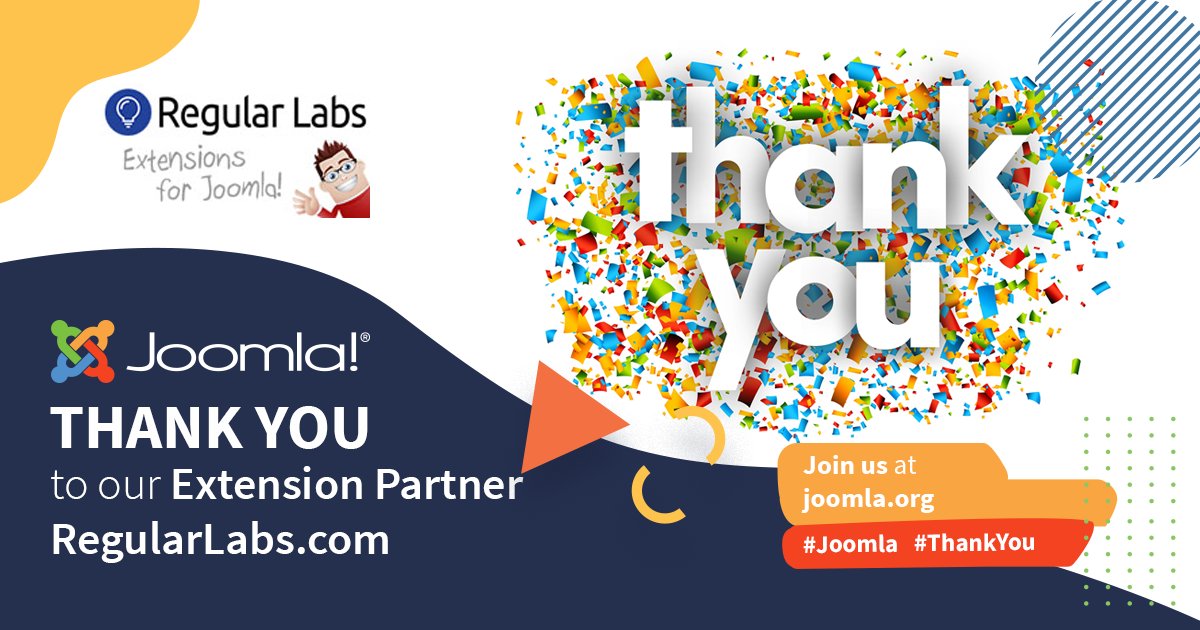 joomla's tweet image. A big shout out THANK YOU to our Extension Partner @RegularLabs for your support! You guys rock! 
#Joomla #ThankYou #ExtensionPartner #grateful #OpenSource  
regularlabs.com