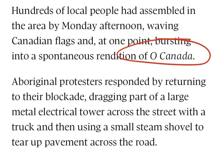 For instance, when Six Nations land defenders first blocked the construction of a housing development on their territory, neo-Nazi Gary McHale organized groups of white people to gather and provoke the Six Nations blockade: they waved Canadian flags and sang O Canada. (5)