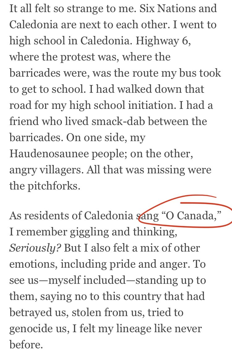 For instance, when Six Nations land defenders first blocked the construction of a housing development on their territory, neo-Nazi Gary McHale organized groups of white people to gather and provoke the Six Nations blockade: they waved Canadian flags and sang O Canada. (5)