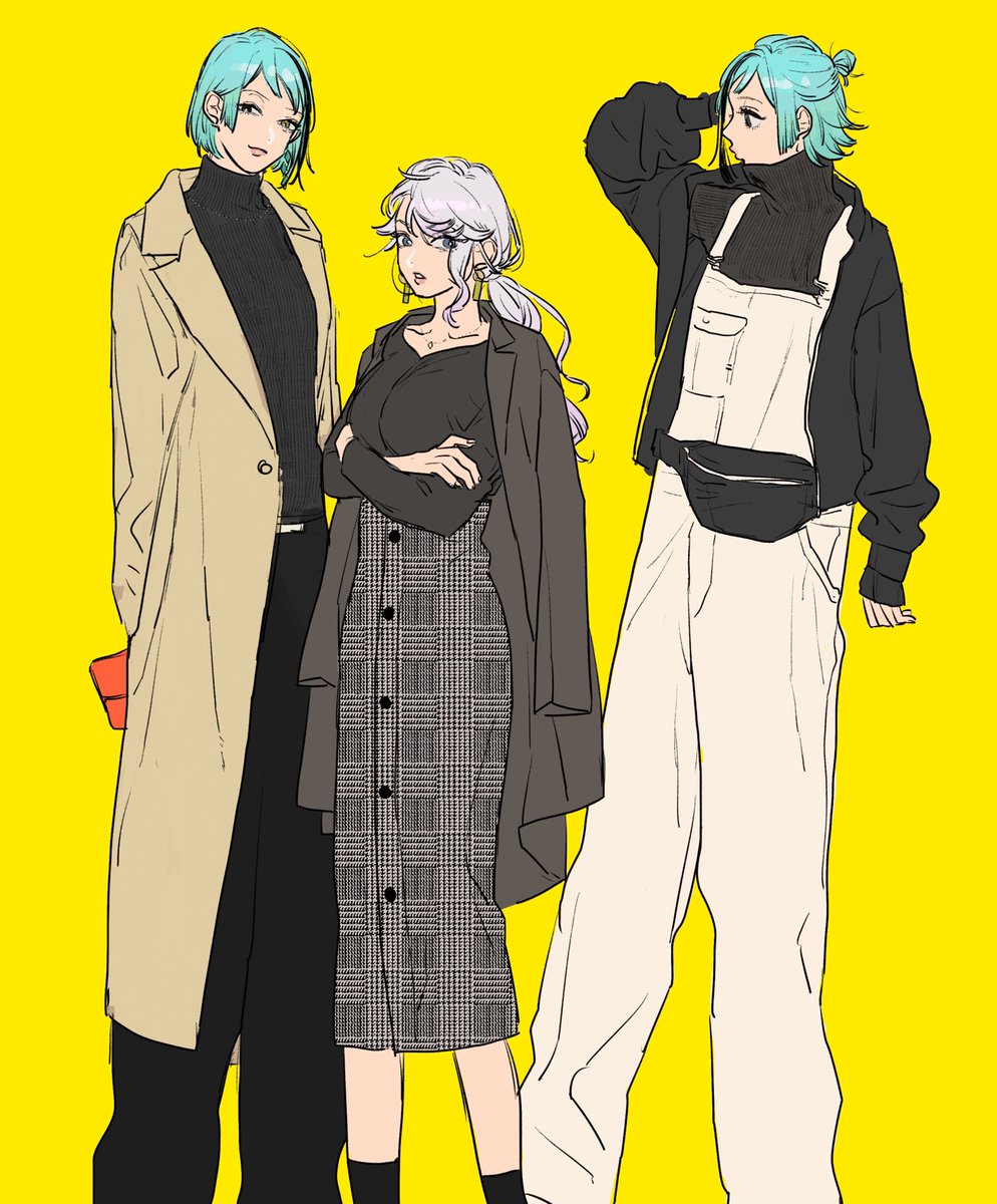 skirt multiple girls crossed arms pants yellow background short hair aqua hair  illustration images