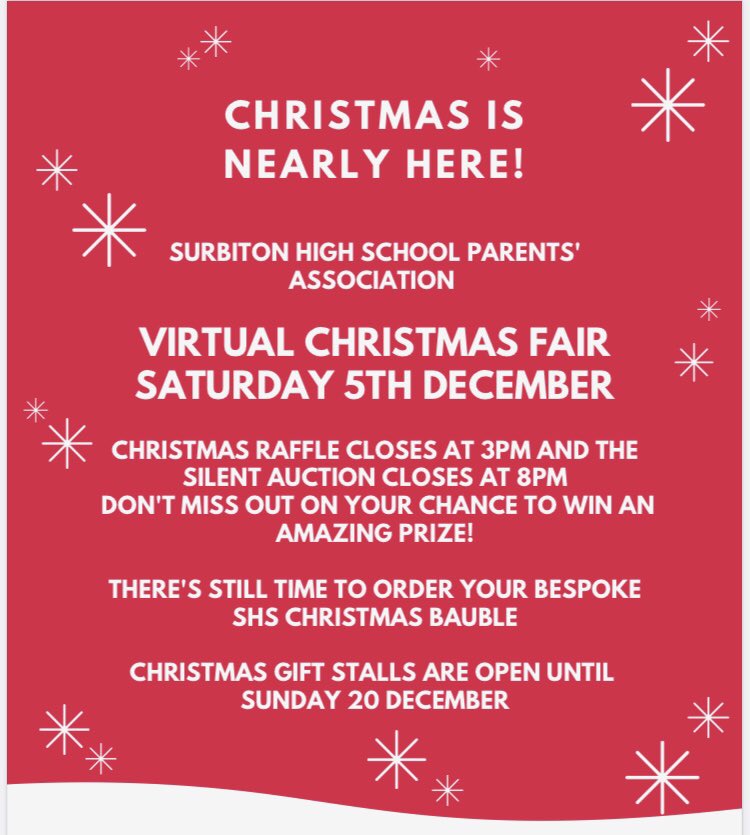 SHSParentsAssoc's tweet photo. Today is our first ever Virtual Christmas Fair! It’s been a challenging year to fundraise but we’ve managed to secure some great raffle prizes and auction lots. Plus you can still buy our Xmas bauble and buy pressies at our fab Xmas stalls. Take a look https://t.co/ZIyiAE6JUk https://t.co/WnvvVFRDfY