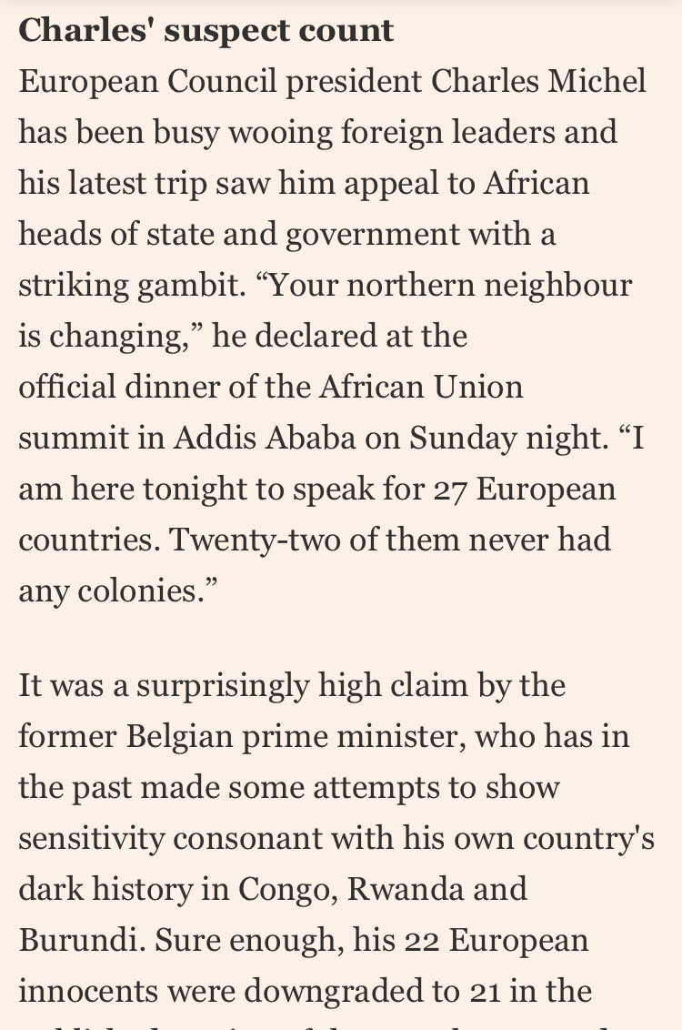 Critics say EU countries also often fail to make sufficient acknowledgement of past abuses and injustices. In a speech to African leaders this year, European Council president Charles Michel understated Europe’s imperial conquest on the continent. (4/9)