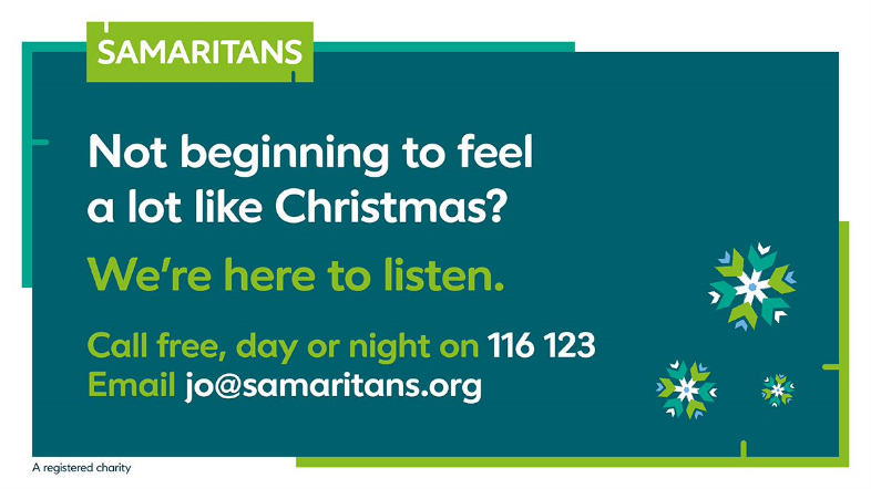 SamsSevenoaks's tweet photo. We know the Christmas period is not full of festive cheer for everyone. Whatever you're going through, our volunteers are here to listen 💚 https://t.co/u9MtYlMzcc https://t.co/NK4TIsFDTS