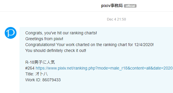 Otoha artwork made it to the pixiv rankings!
Thanks everyone for the support🙇‍♂️ 