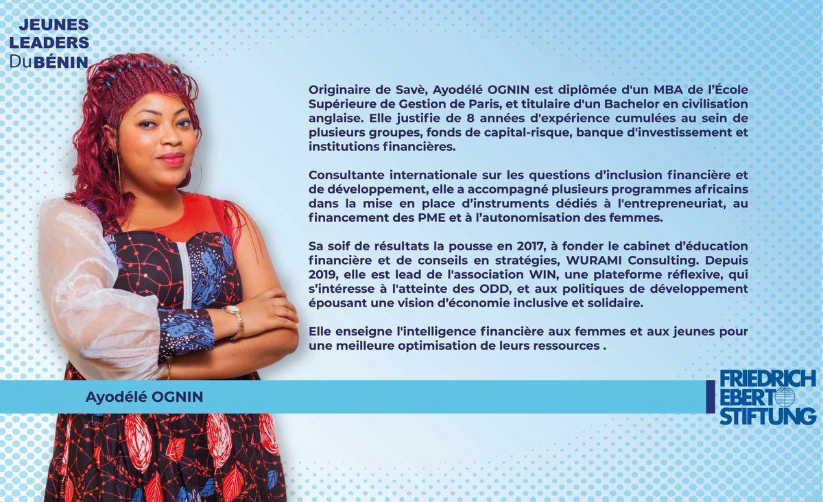 De #Savè, Ayodélé Ognin est diplômée d'un #MBA de l’École Supérieure de Gestion de Paris, et titulaire d'un #Bachelor en civilisation anglaise. Elle justifie de 8 années d'expérience dans plusieurs groupes,#FondsdeCapitalRisque, banque d'investissement et institutions financières