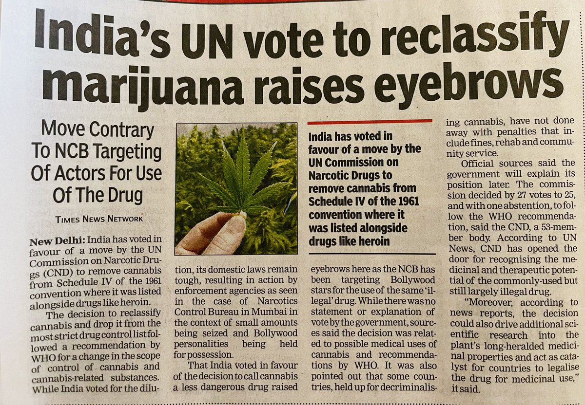 Amiti14's tweet photo. While some countries impose penalties for Cannabis, #India dilutes classification of the drug from #ScheduleIV .
According to official sources #GoI will explain later.
Why are major changes brought about sans any deliberation/explanation.
Diluting the drug or #NCB ?
#cannabis https://t.co/YSMjJKtxlm