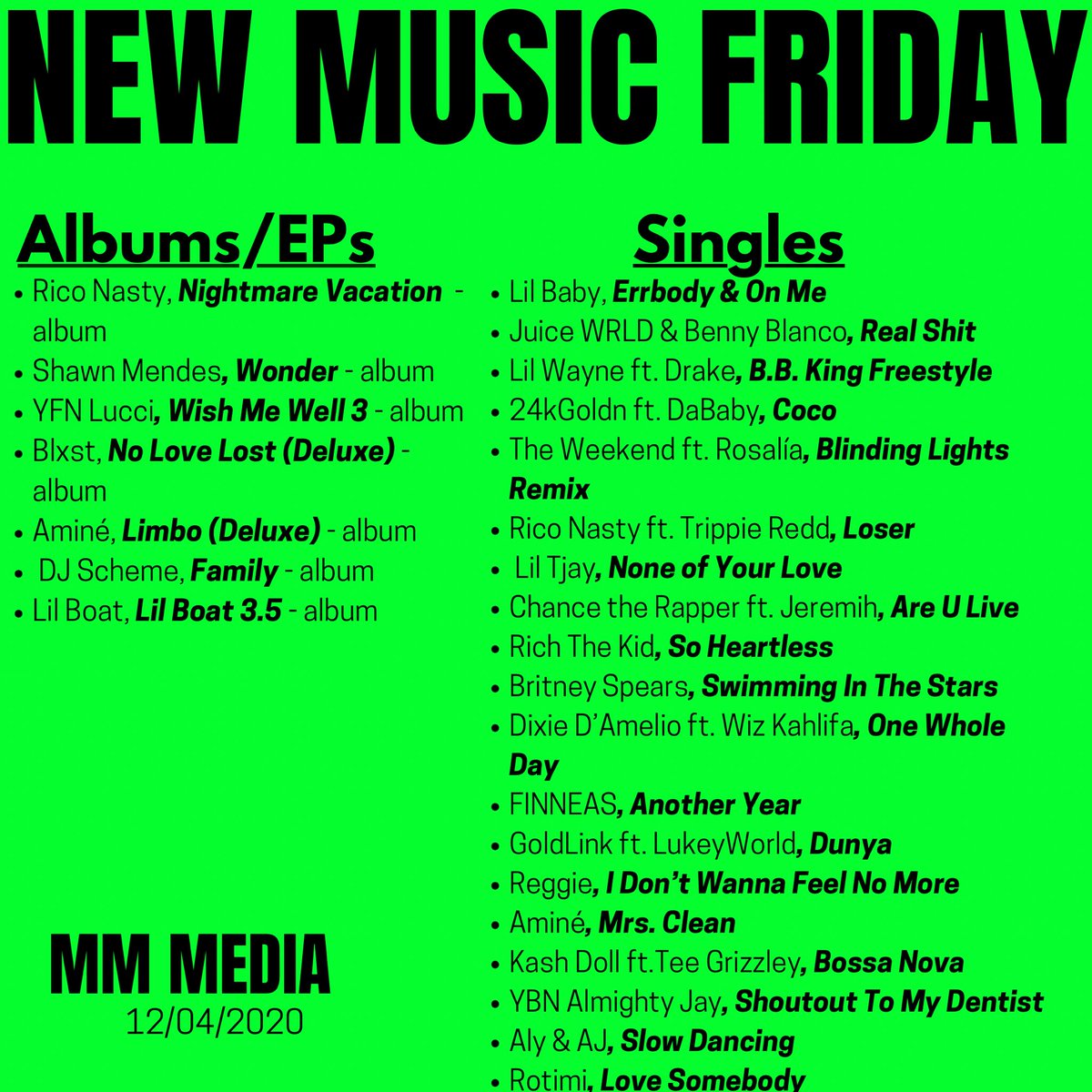 MMMedia27's tweet photo. NEW MUSIC FRIDAY! 🎶💚
:
:
#new #music #friday #newmusicfriday #hiphop #pop #randb #dailyhiphop #media #mediaaccount #mmmedia https://t.co/gEfZjUfmqD