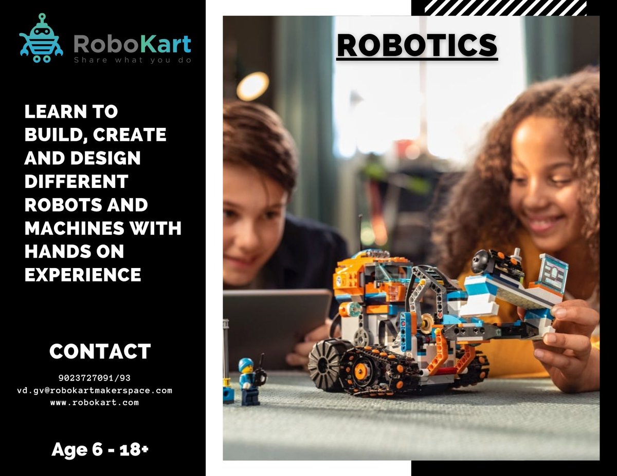 RobokartV's tweet image. # Problem solving
# Creative thinking
# Logical Thinking
# Coding
# Sensors and Actuators
# Mechanics and Designs...

9023727091/93
vd.gv@robokartmakerspace.com
robokart.com

#robokart #robotics #coading #activekids #lockdownactivity #vadodara #robokartvadodara