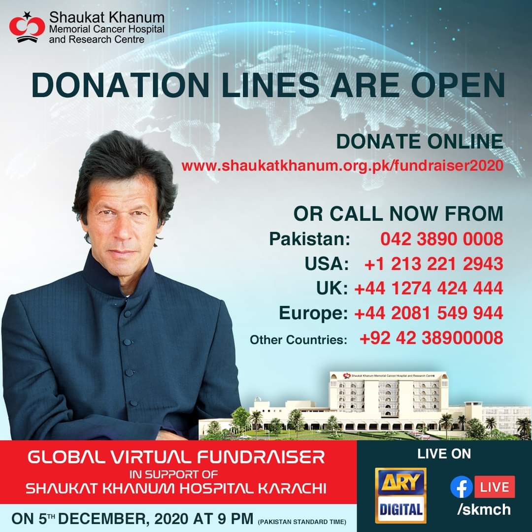 arydigitalasia's tweet photo. Donation Lines are open for Virtual Fund Raiser of Pakistan's Biggest Cancer Hospital to be built by #SKMCH in #Karachi !
Watch it LIVE tonight at 9 PM only on #ARYDigital !

#TVMediaPartner #ARYDigitalNetwork 
@ImranKhanPTI @SKMCH https://t.co/vCtYIaf6i9