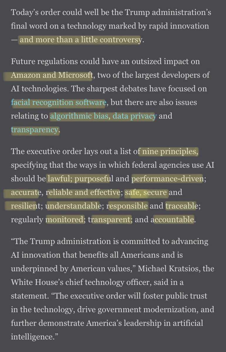 11/ The executive order is stirring controversy among large AI developers, such Amazon and Microsoft, as regulations are likely to focus on facial recognition software, algorithmic bias, data privacy and transparency.  https://www.geekwire.com/2020/president-trump-signs-executive-order-guiding-federal-agencies-use-ai-tech/