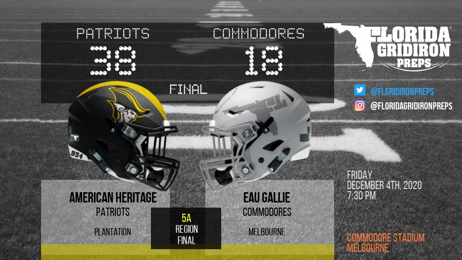 FLgridironpreps's tweet photo. CLASS 5A REGION 4 FINAL

PATRIOTS PUSHING IT TO THE LIMIT... ADVANCE TO STATE SEMIFINALS

Plantation American Heritage Patriots 38
Eau Gallie Commodores 18
F

https://t.co/JHWcMJ81Jj
#FLgridiron

🔥 9-2 @AH__Athletics host 14-0 @JesuitTigers_FB in 5A STATE SEMIFINAL

@psurtain23 https://t.co/2wfBCbJP5f