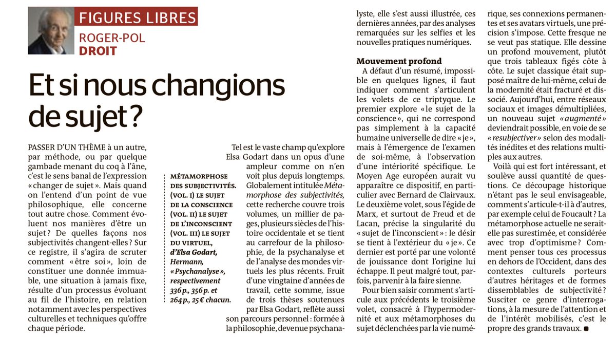 Halpern_G's tweet photo. « Comment évoluent nos manières d’être un sujet? De quelles façons nos subjectivités changent-elles? » - Encore une belle chronique de @rpdroit #FiguresLibres #Métamorphoses https://t.co/VmHNb6Qa6G