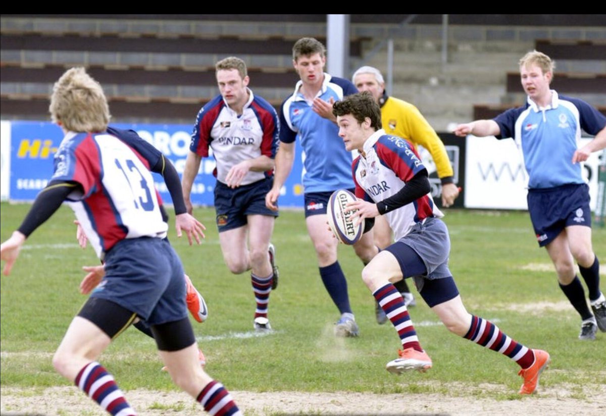 🏉 THROWBACK 🏉 On the attack scrum half Jake Rollinson with Chris Purdy and Rob Squires in support on a very sandy looking pitch at Silver Royd.