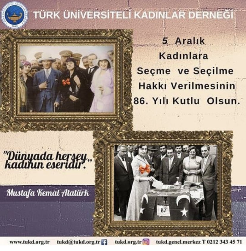 gulbanukirtok's tweet photo. Ulu önderimiz Gazi Mustafa Kemal Atatürk, biz kadınlara, seçme ve seçilme hakkımızı tam 86 yıl önce vermiş. Ne kadar gurur duysak az. Muazzam bir lider ve devlet adamıymış, mekanı Cennet olsun 🙏🌹🇹🇷 #5AralikDunyaKadinHaklariGunu #tukd https://t.co/7thLip8MPN