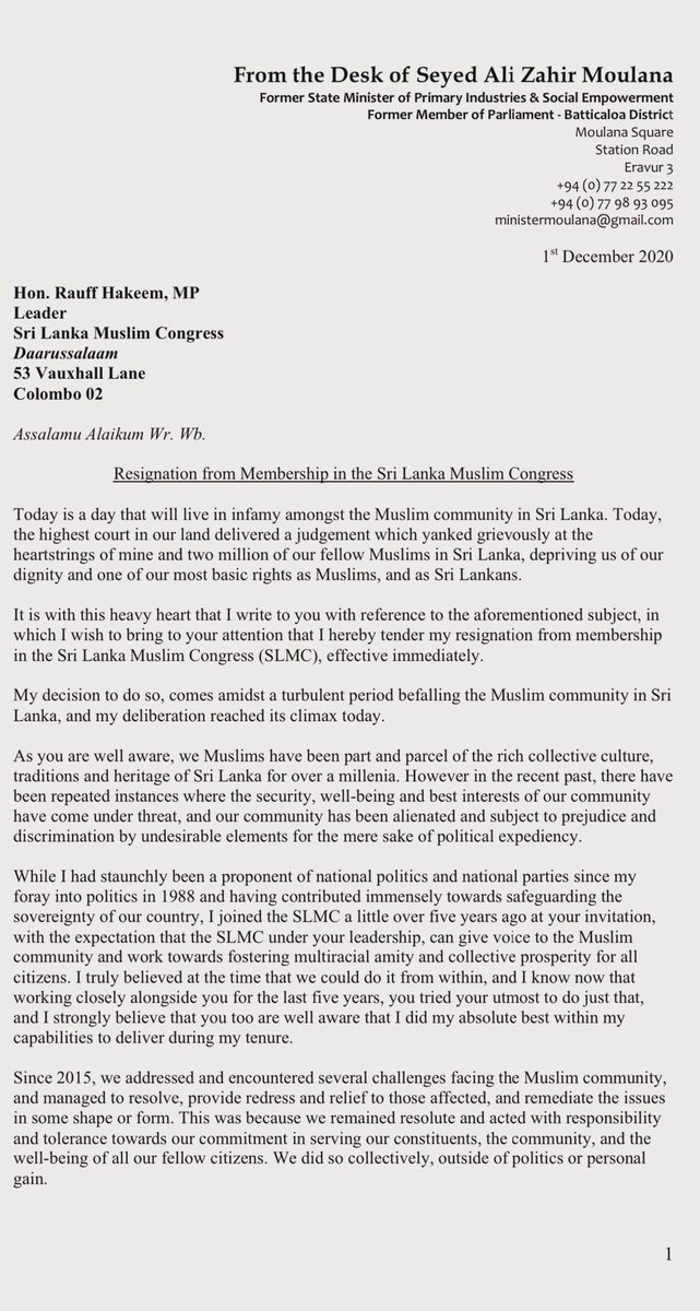 Ali Zahir Moulana Di Twitter On The Evening Of The Supreme Court Rejection Of My Appeal To Stopforcedcremations Last Tuesday I Tendered My Resignation From Membership In The Sri Lanka Muslim Congress