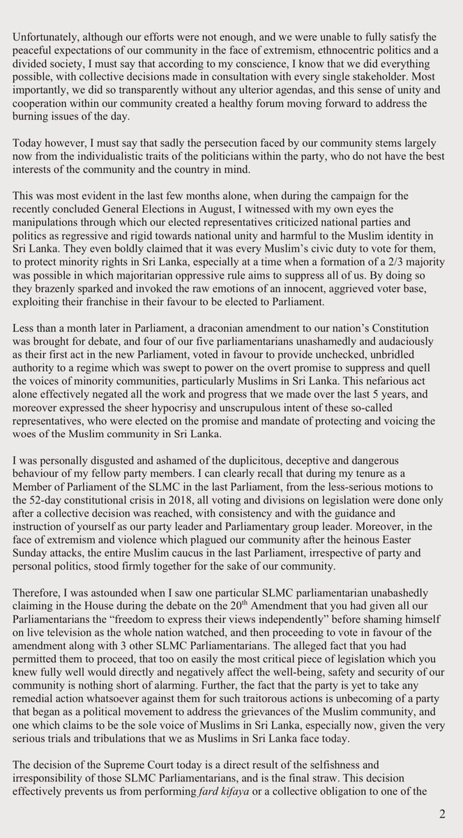 alizmoulana's tweet photo. On the evening of the Supreme Court rejection of my appeal to #StopForcedCremations last Tuesday, I tendered my resignation from membership in the Sri Lanka Muslim Congress. See reasons in my letter to the SLMC leader below. https://t.co/8G5ypbkFfK