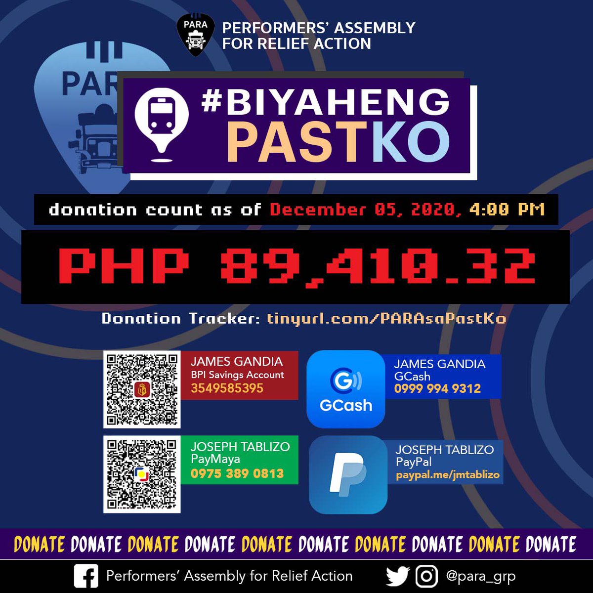 para_grp's tweet photo. Donation update for #BiyahengPastKo as of December 5, 2020:
₽89,410.00
Proceeds will go to relief initiatives for typhoon victims.
Access donation tracker here: https://t.co/2qtqks203d
MAMAYA NA! Details in our FB event page:
https://t.co/NFzcNKSq8L
#PARAPH https://t.co/0x4wsUnj3D