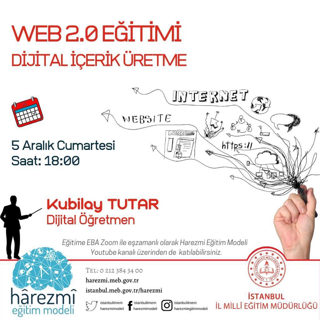Web 2.0 Eğitimi Dijital İçerik Üretme konulu eğitimimiz saat 18.00 de eba zoom ve YouTube kanalımızdan canlı yayınla gerçekleştirilecektir.
<a href="/timurtugral/">Timur TUĞRAL</a> 
<a href="/istanbulilmem/">İstanbul İl Millî Eğitim Müdürlüğü</a> 
<a href="/memleventyazici/">Levent Yazıcı</a>