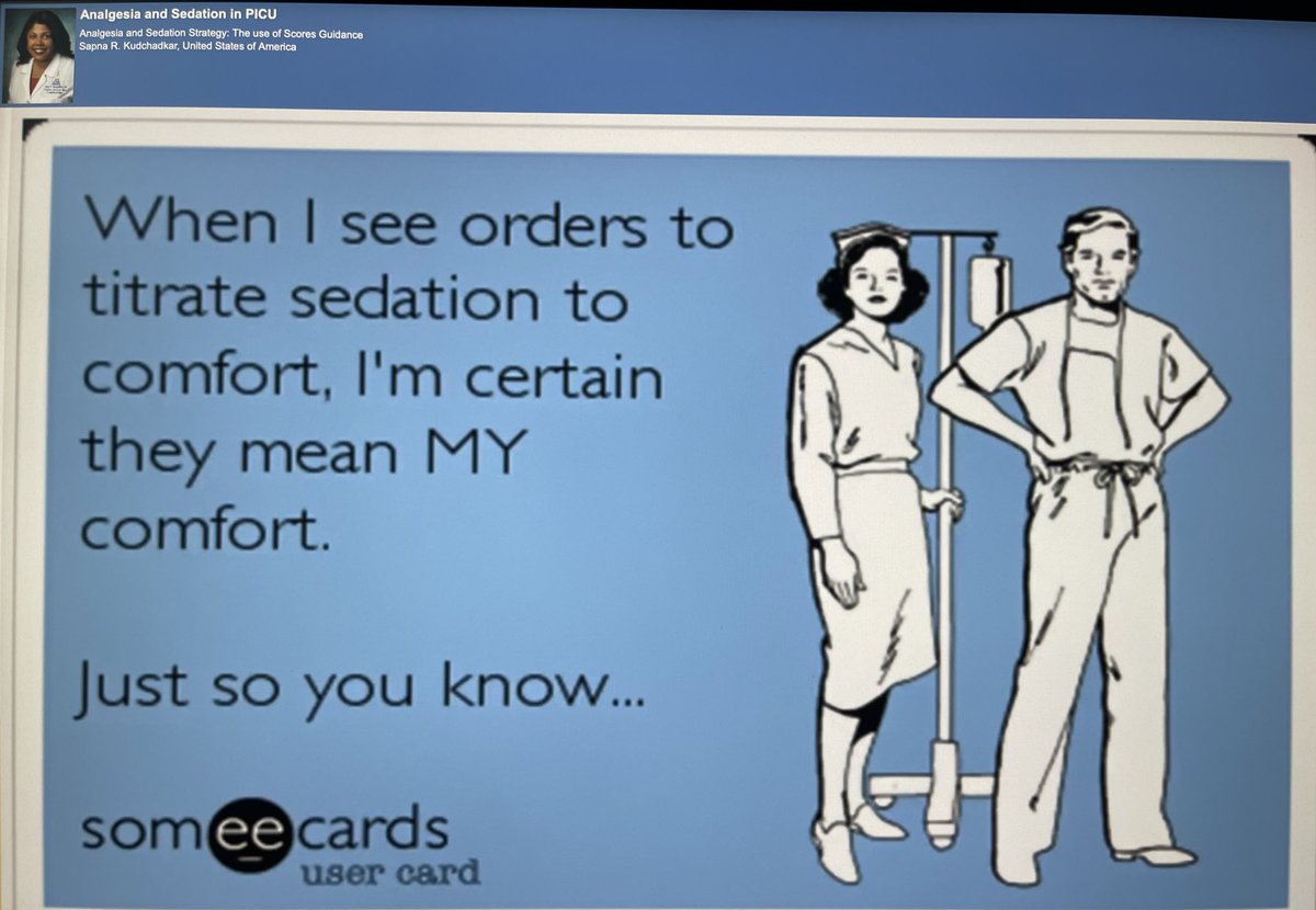 This is a great slide  @SapnaKmd We worry about children on  #PedsICU remembering their admission, loosing tubes/lines... Choice of analgesia & sedation is key to address:- pain/comfort- delirium- mobility- family interactionWe need validated score systems  #WFPICCS20