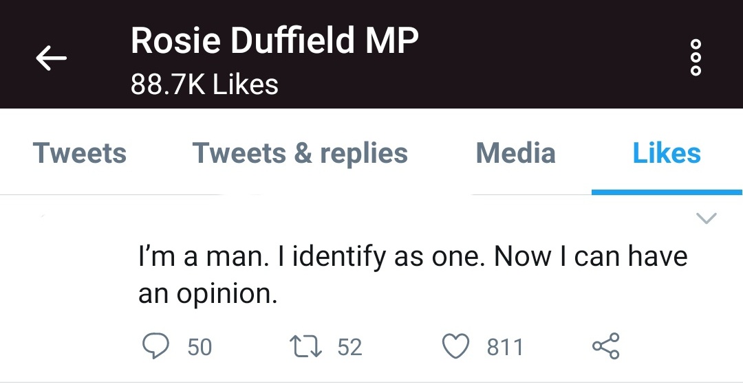 A year ago, I remember tweeting with this woman - who this week tweeted this mockery of Elliot Page coming out - and feeling sad for her that she had fallen out with her daughter. This is quite common in the anti-trans movement. Is a "like" from Rosie Duffield really worth it? 1/