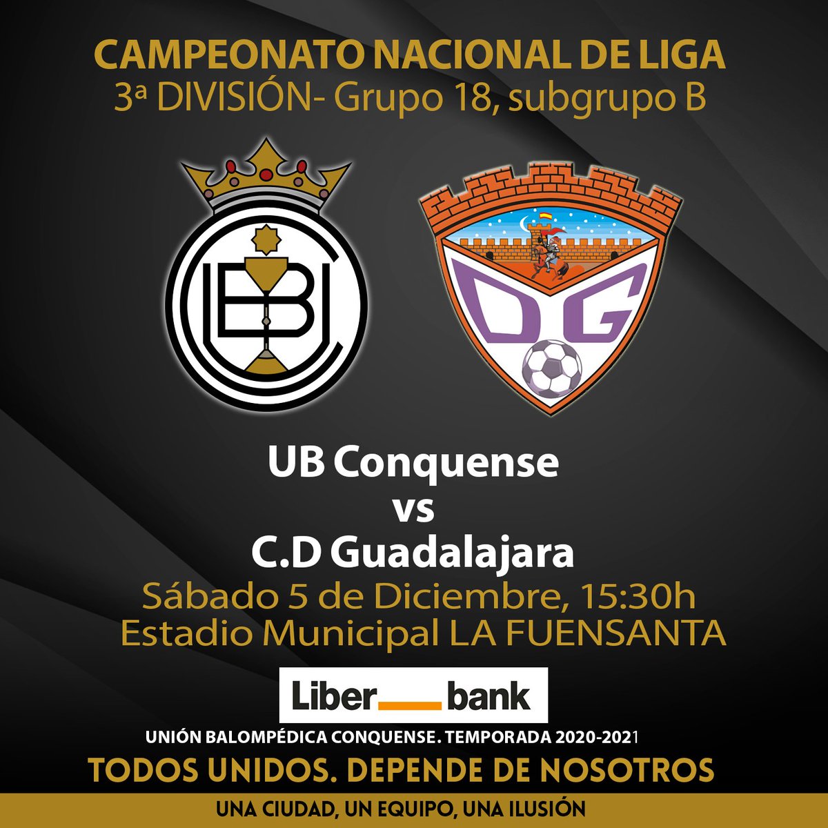 UBConquense's tweet photo. ❗ Buenos días, Balompédicos❗

ES DÍA DE PARTIDO, es el día en el que nos volvemos a reencontrar en La Fuensanta 👏🏼👏🏼. 

🆚  @deporguada 
🏟 La Fuensanta 
📆 5️⃣ de diciembre
🕒 15:30h
🏆  Jornada 7 #TerceraCLM
📺 @CMM_Play

El fútbol en Cuenca SE PUEDE 
@Liberbank https://t.co/f9eGxtYoJk