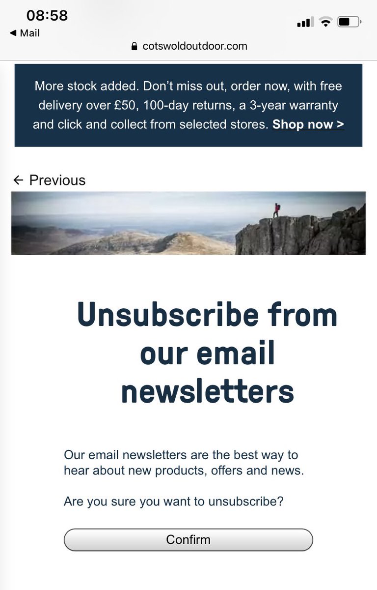 DanHarries91's tweet photo. @CotswoldOutdoor I’ve unsubscribed from your mailing list three times over the last week and continue to get emails. How can I get my email removed from your mailing list fully? https://t.co/yugZ7hqIs9