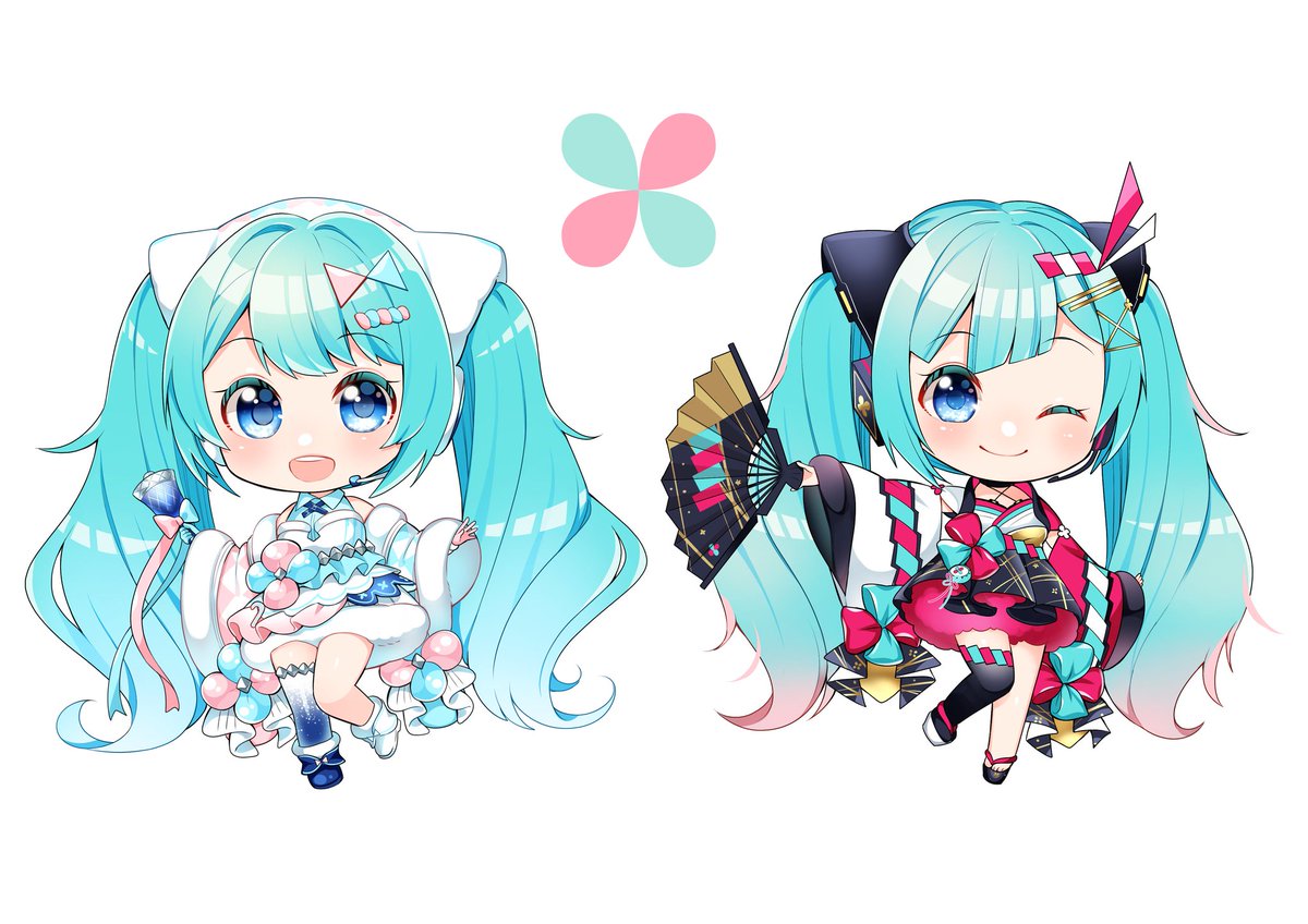 hatsune miku ,magical mirai miku single thighhigh holding twintails fur-trimmed sleeves hair ornament smile hand fan  illustration images