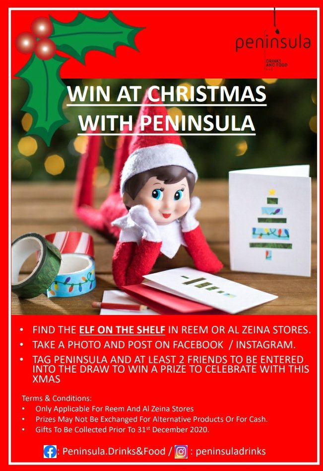 doubleaccount23's tweet photo. It's the most wonderful time of the year! Celebrate the festive season and win a prize when you spot the elf on the shelf. Come and shop at any of our participating stores!  #mypdf #peninsuladrinks #abudhabi #peninsulareem #peninsulaalzeina #boutique https://t.co/LGiyyaE8yL