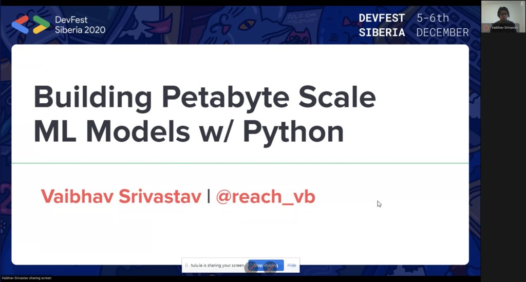 Right now <a href="/reach_vb/">Vaibhav (VB) Srivastav</a> is teaching us how to build petabyte scale ML models w/ Python at the DevFest Siberia online conference 🎉

#DFSiberia #DevFestSiberia #GDG #ml #machineLearning #scaleMLModels #outOfCoreML