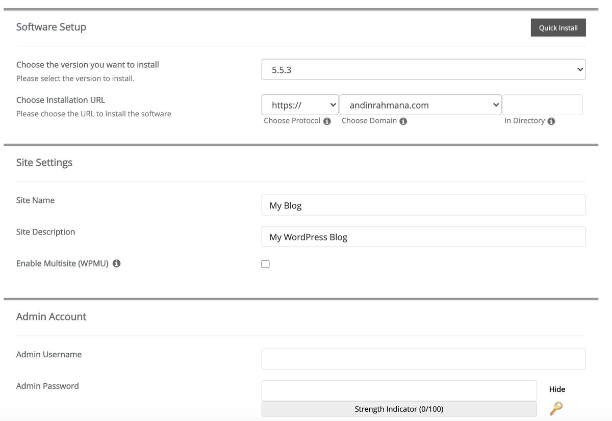 Kalau sudah, klik Install dan isilah beberapa keterangan yang ada di halaman ini. Pastikan kotak di (in directory) kosong.