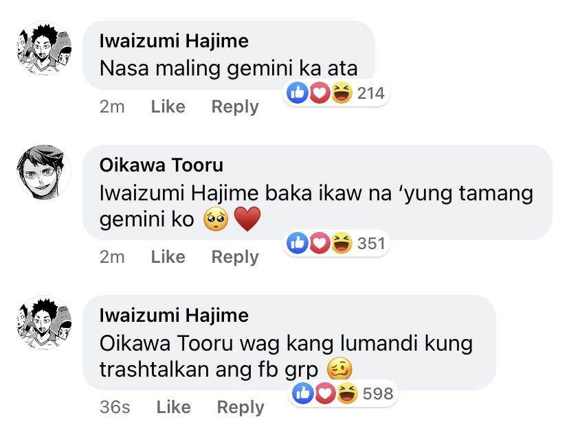 deoblogs's tweet image. WRONG SIGN, RIGHT GUY
— an iwaoi filo socmed au !!

In which Oikawa posted in an fb group about geminis and Iwaizumi, his crush, stumbled upon the said post.
