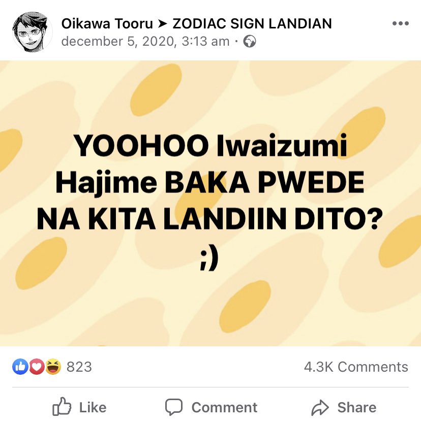 deoblogs's tweet image. WRONG SIGN, RIGHT GUY
— an iwaoi filo socmed au !!

In which Oikawa posted in an fb group about geminis and Iwaizumi, his crush, stumbled upon the said post.