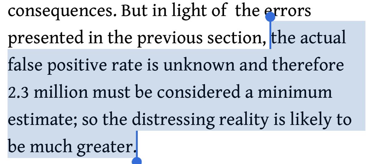11/  There’s a lot more the full retraction request report goes into. Like how the original paper said they had 4 false positives out of 310 tests, a percentage rate that would deem at least 2.3 million “positive” tests in America as potential false positives: