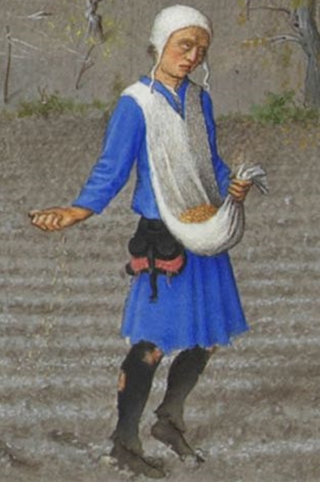 OctoberSowing time.The farmer looks very unhappy and his hose need repairing.Loving the scarecrow with the bow, as if birds know bows are dangerous.Mind you this chap could be nightmare fodder...Oi you by the water, stop it, Medieval people never washed clothes! ;)