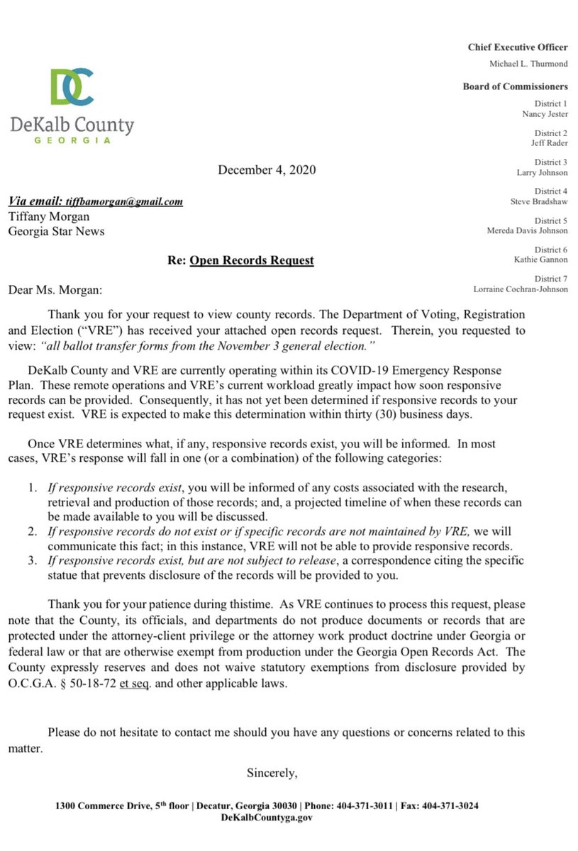 DeKalb County response letter from Dexter Q Bond Jr assistant county attorney
