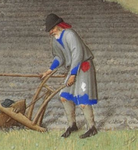 MarchTime to prepare the land, lots of work to be done.The farmer is wearing his work clothes, it has been repaired several times and is in a rather bad condition.Dark clouds are coming, a shepherd and his flock and dog are rushing home.