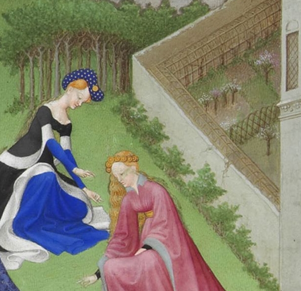 AprilSpring arrives, a couple are exchanging rings, they're very wealthy.Look at the clothes and those hats!One thing that was better then than it is now; HATS.Ladies are plucking grass and behind them we see a pleasure garden.Only sign of commoners; fishers with a net.