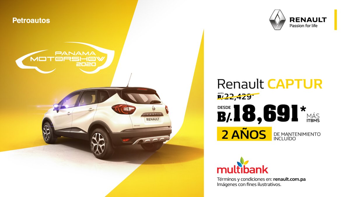 renaultpanama's tweet photo. Visita el primer @PanamaMotorShow digital y captura tu Renault Captur al mejor precio de feria y con 2 años de mantenimiento incluido. Te esperamos en nuestras sucursales o entrando a https://t.co/mFBnpFn26n
#RenaultKoleos #PMS2020 
https://t.co/ImT3kugsVL https://t.co/Qsw8Sh5DTn