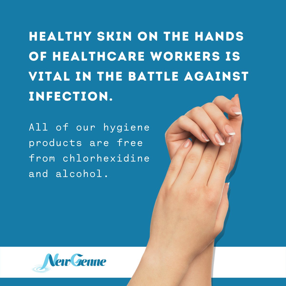 Chlorhexidine and alcohol remove vital fats from the #skin, resulting in #skindryness. These are two of the most common chemicals in antimicrobial #handhygiene products. #NewGenne’s products are just as effective and a lot more gentle, free of both chlorhexidine and alcohol.