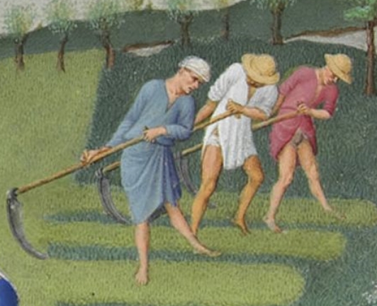 JuneWorkers in the fields, hoses removed, tunics stuck in belts, more underpants!But we also see women working, everybody helped.Hang on... what's happening there in the back?Is that a woman in a boat dropping off a mysterious man in red at a town gate?