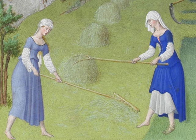 JuneWorkers in the fields, hoses removed, tunics stuck in belts, more underpants!But we also see women working, everybody helped.Hang on... what's happening there in the back?Is that a woman in a boat dropping off a mysterious man in red at a town gate?