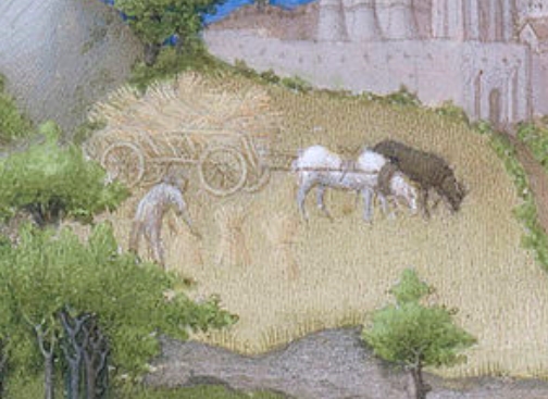 AugustFor the wealthy the time to go out hunting, especially with hawks and dogs like here.The farmers are still harvesting, collecting the hay from the fields and... hang on.OI, you lot, stop it, get out, everybody knows Medieval people never bathed and washed! ;)