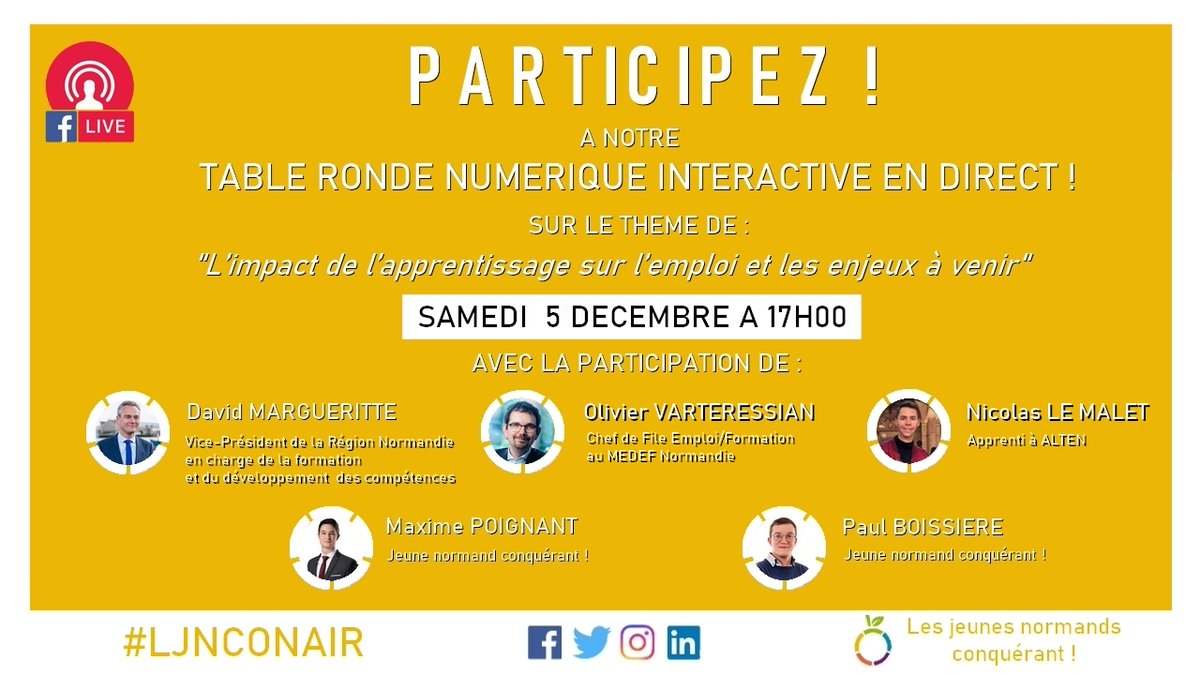 Retrouvez-nous en #LiveFacebook à 17h pour la table ronde numérique en présence de @DMARGUERITTE, @RegionNormandie,  Olivier VARTERESSIAN, @Medef_Normandie, Nicolas LE MALET, @paulboissre  & @maximePoignant, @LJNConquerants  !